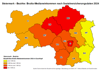 Karte mit den steirischen Bezirken und dem Brutto-Medianeinkommen 2024