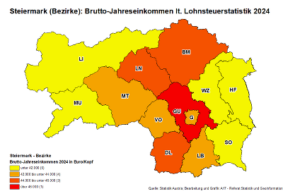 Karte mit steirischen Bezirken und Brutto-Jahreseinkommen 2022