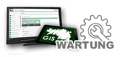 Wartungsarbeitsymbol über Digitaler Atlas und GIS-Logo