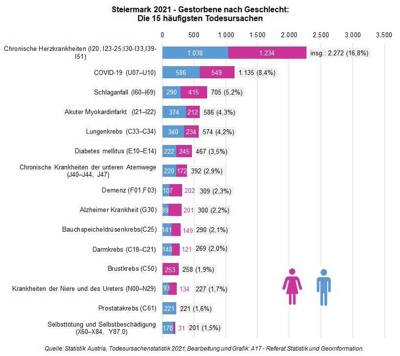 Steiermark 2021 - die 15 häufigsten Todesursachen © Landesstatistik Steiermark Steiermark 2021 - die 15 häufigsten Todesursachen