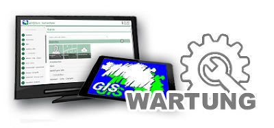 Wartungsarbeitsymbol über Digitaler Atlas und GIS-Logo